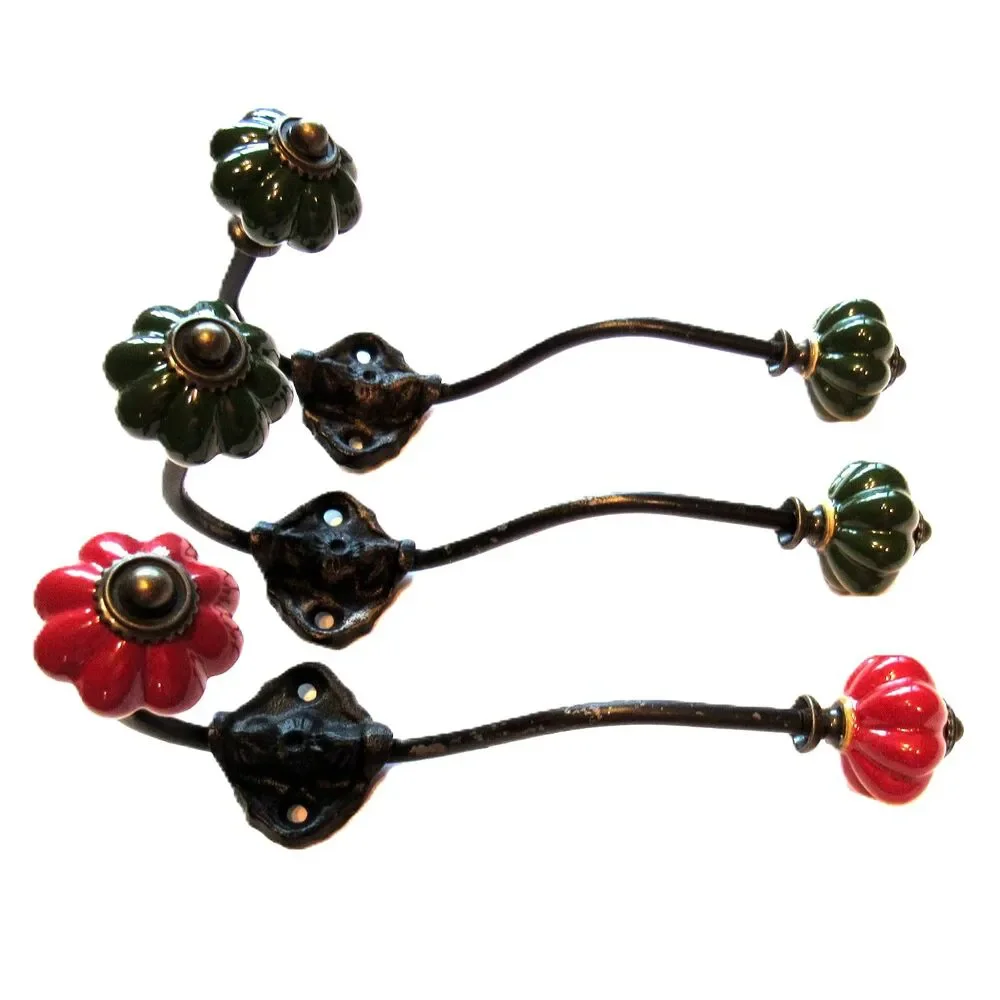 Metal hangers 3 wall hooks beautiful design green red melon ceramic knob 6-3/4in
